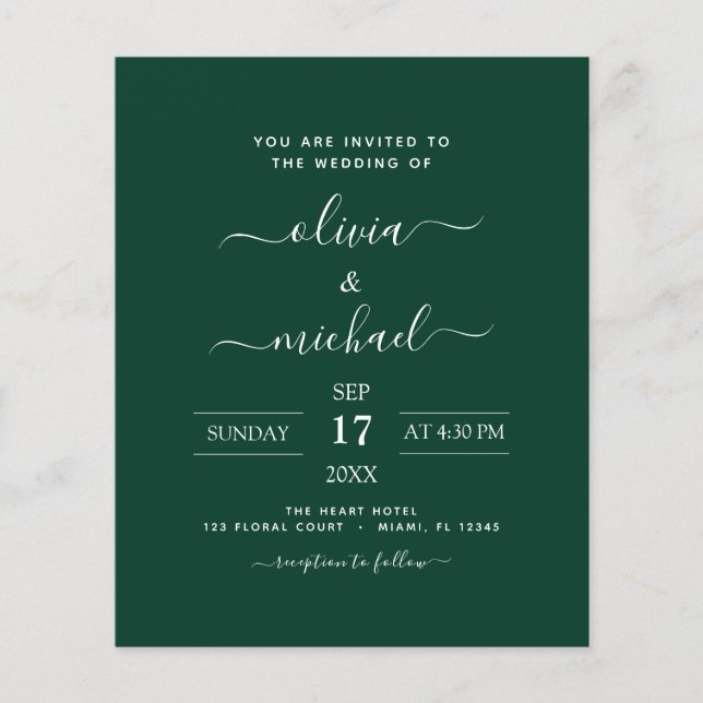 Budget Emerald Green Wedding Modern Typography Flyer (Front)