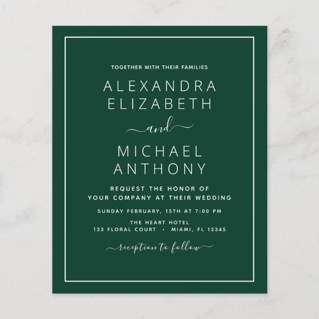 Budget Emerald Green Wedding with Photo Invitation Flyer (Front)