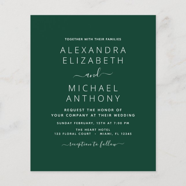 Budget Emerald Green Wedding with Photo Invitation Flyer (Front)