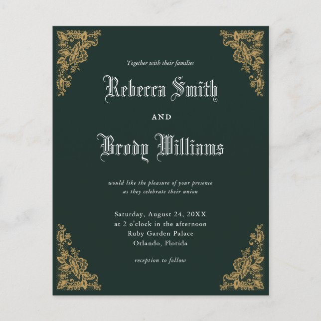 Budget Emerald Vintage Lace Wedding Invitation (Front)