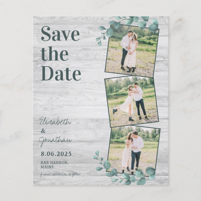 Budget Eucalyptus 3 Photo Wedding Save The Date (Front)