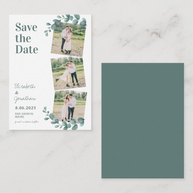 Budget Eucalyptus 3 Photo Wedding Save The Date Card (Front/Back)