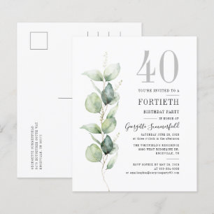 Budget Eucalyptus 40th Birthday Party Invitation