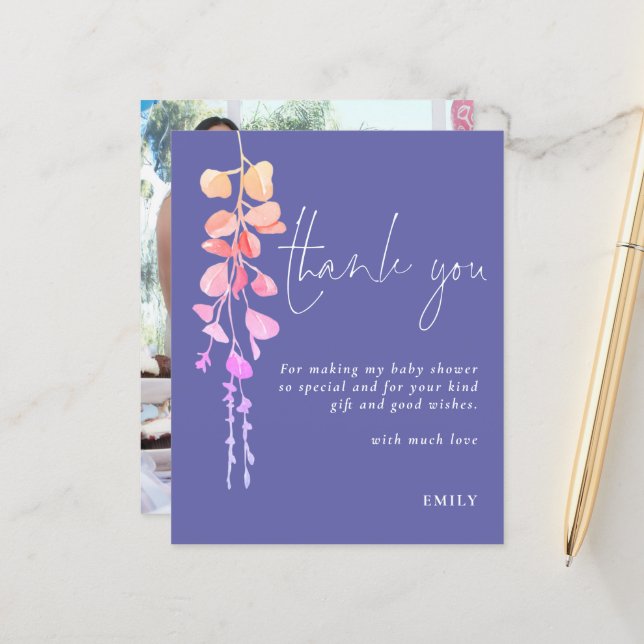 Budget Eucalyptus Baby Shower Lilac Photo Thanks (Front/Back In Situ)