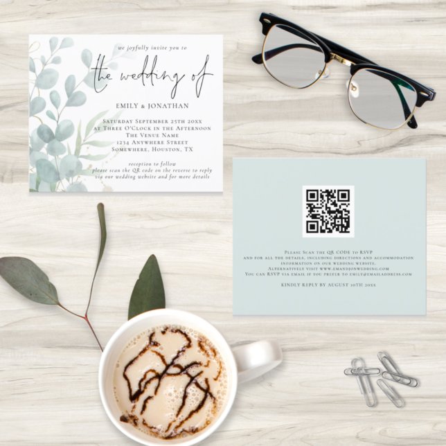 Budget Eucalyptus Blue QR Code Wedding Invitation (Creator Uploaded)