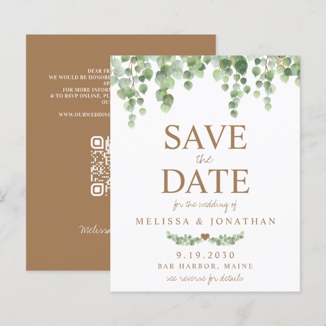 Budget Eucalyptus Botanical QR Code Save The Date  (Front/Back)