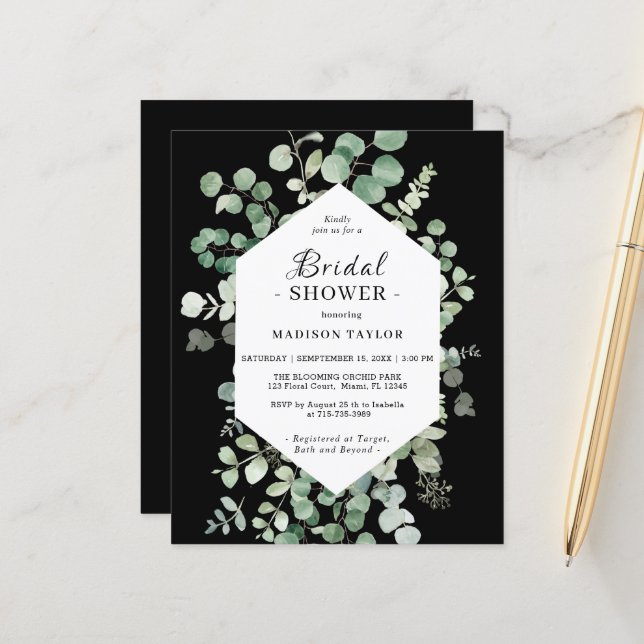 Budget Eucalyptus Bridal Shower Black Invitation (Front/Back In Situ)