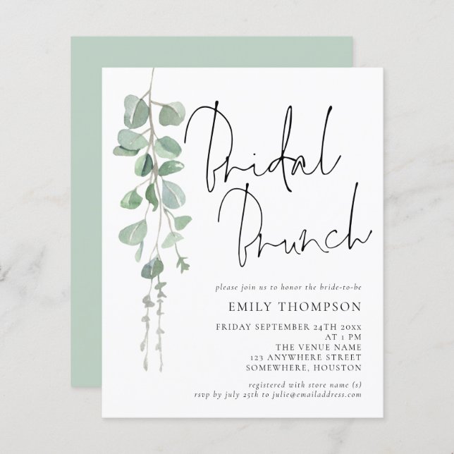 Budget Eucalyptus Bridal Shower Brunch Invite (Front/Back)
