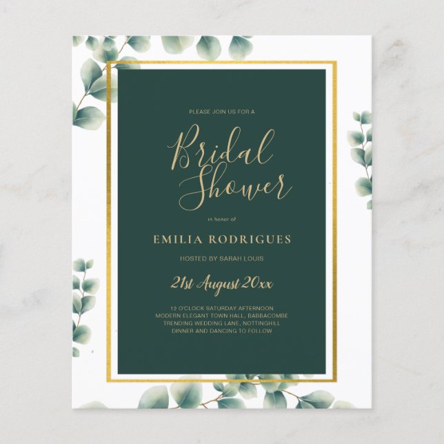 BUDGET Eucalyptus BRIDAL SHOWER Greenery Gold QR C Flyer (Front)