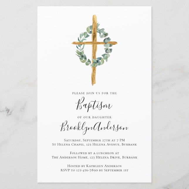 Budget Eucalyptus Cross Baptism Invitation (Front)