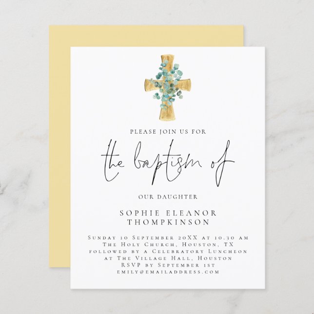 Budget Eucalyptus Cross Script Baptism Invitation (Front/Back)