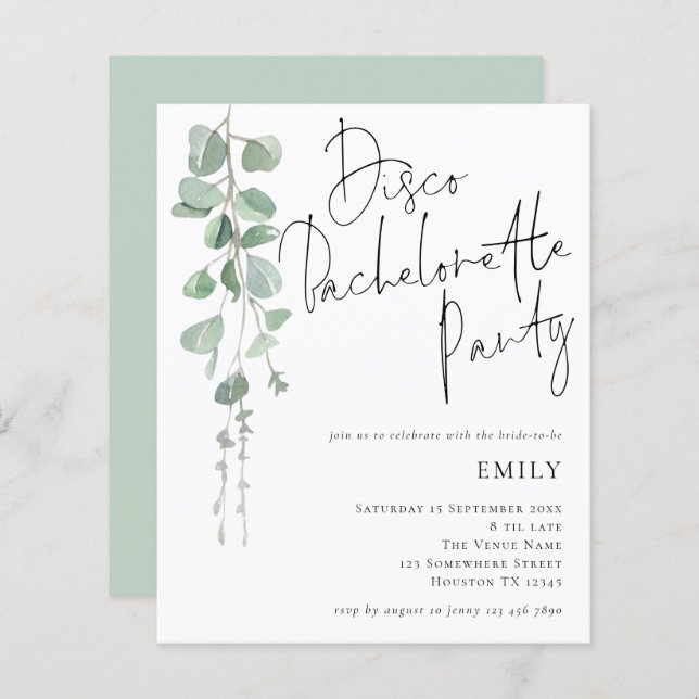 Budget Eucalyptus Disco Bachelorette Party Invite (Front/Back)