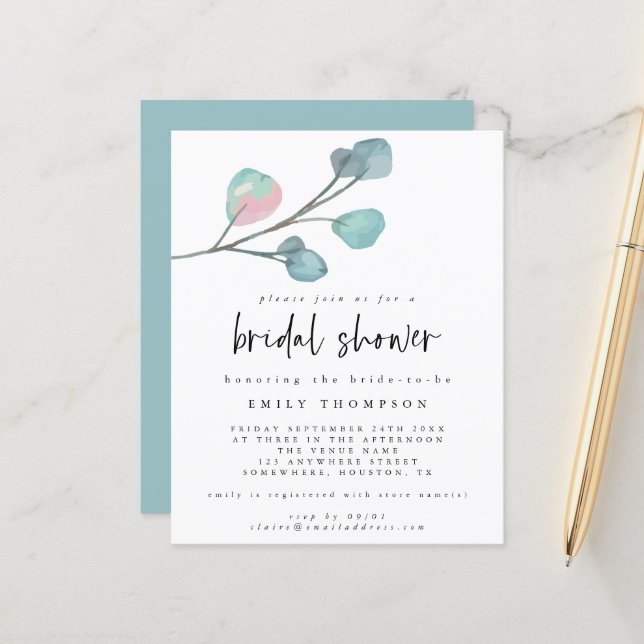 Budget Eucalyptus Elegant Bridal Shower Invitation (Front/Back In Situ)
