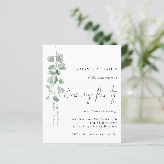 Budget Eucalyptus Evening Party Wedding Invitation (Standing Front)