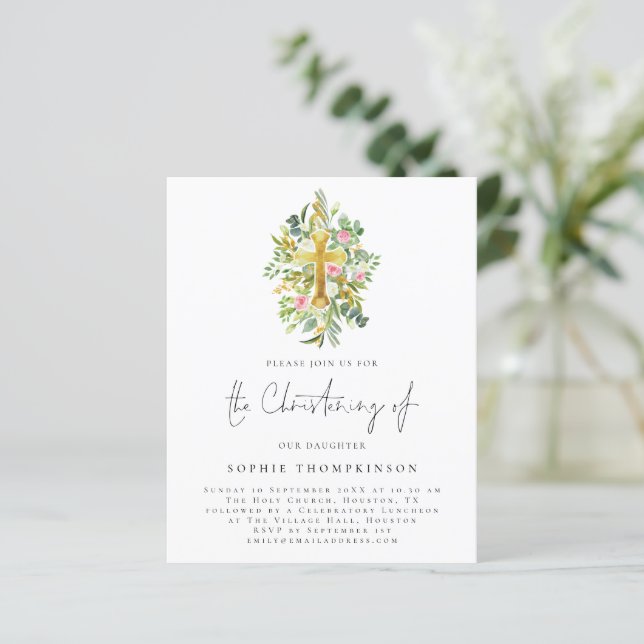 Budget Eucalyptus Florals Cross Christening Invite (Standing Front)