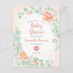 Budget Eucalyptus Foliage Floral Peach Baby Shower Invitation Postcard