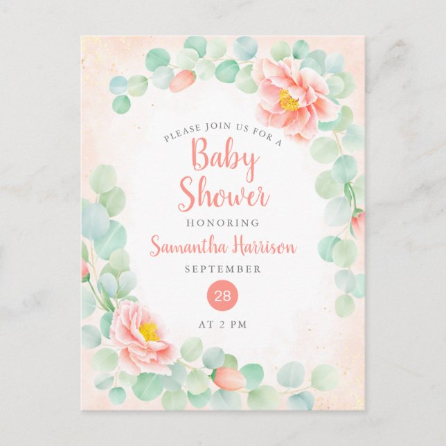 Budget Eucalyptus Foliage Floral Peach Baby Shower Invitation Postcard (Front)