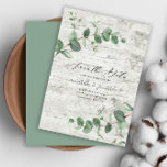 budget eucalyptus foliage white wood Save The Date Card<br><div class="desc">budget Eucalyptus Greenery foliage modern minimal garden party Wedding save the date Invitations. Simple contemporary botanical design. sage green and white wood backer.</div>