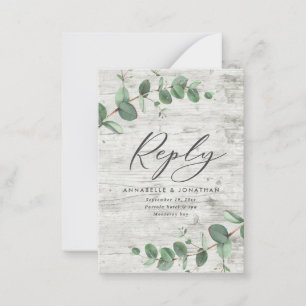 budget eucalyptus foliage white wood wedding RSVP  Card