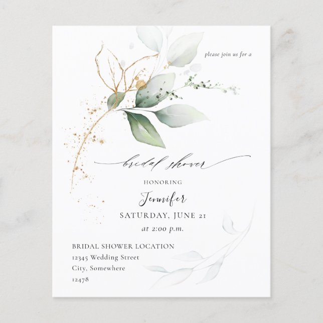 Budget Eucalyptus Glow Gold Greenery Bridal Shower Flyer (Front)