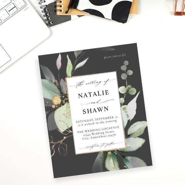 Budget Eucalyptus Glow Gold Greenery Wedding Grey Flyer (Creator Uploaded)