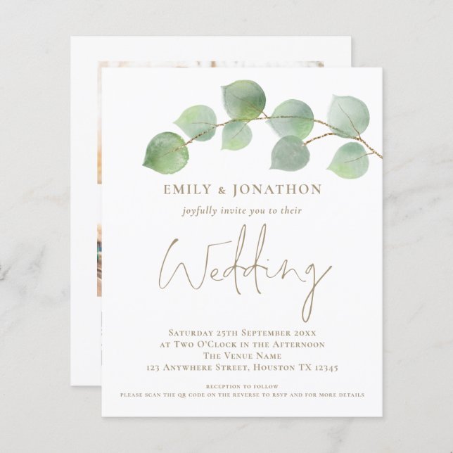 BUDGET Eucalyptus Gold 3 photo QR Wedding Invite (Front/Back)