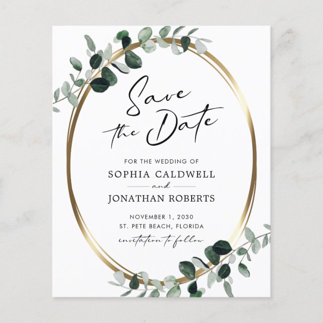 Budget Eucalyptus Gold Calligraphy Save the Date (Front)