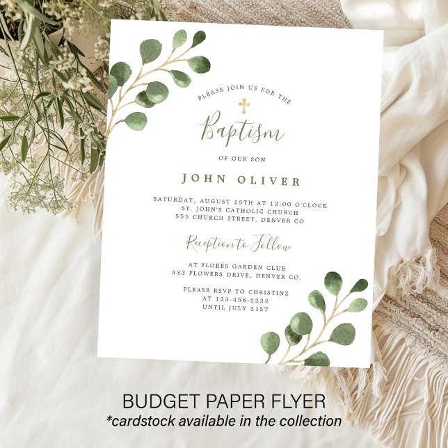 Budget eucalyptus gold cross Baptism Invitation Flyer (Creator Uploaded)