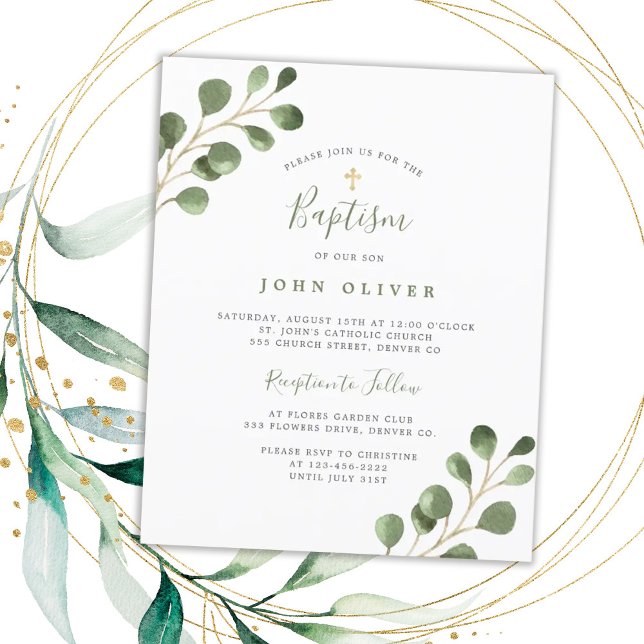 Budget eucalyptus gold cross Baptism Invitation Flyer (Creator Uploaded)