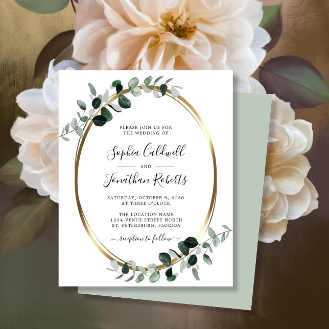 Budget Eucalyptus Gold Foil Sage Wedding Invite (Budget Eucalyptus Gold Oval Wedding Invitation ScriptNames WhiteSage)