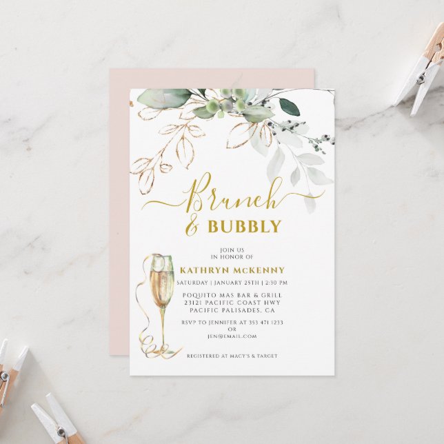 Budget Eucalyptus Gold Pink Blush Bridal Shower Invitation (Front/Back In Situ)