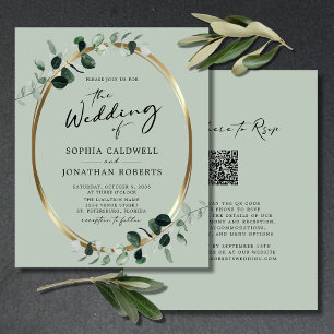 Budget Eucalyptus Gold QR Code Sage Wedding Invite