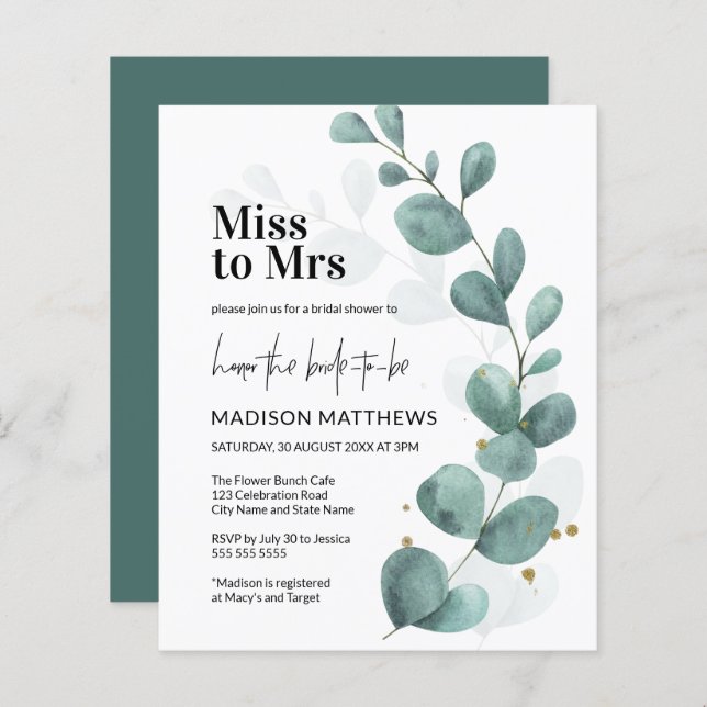 Budget Eucalyptus Green Miss to Mrs Bridal Shower (Front/Back)
