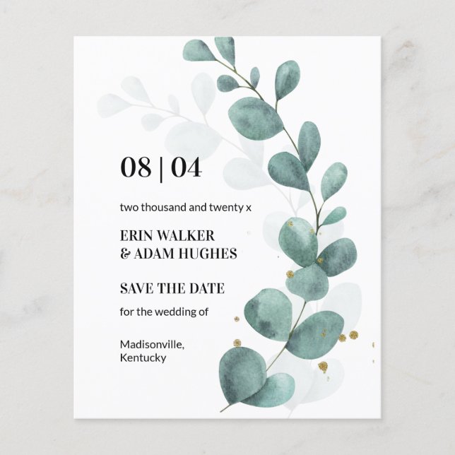 Budget Eucalyptus Green Watercolor Save the Date Flyer (Front)