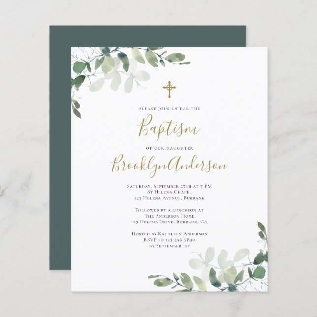 Budget Eucalyptus Greenery Baptism Invitation (Front/Back)