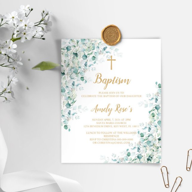 Budget Eucalyptus Greenery Baptism Invitation (Creator Uploaded)