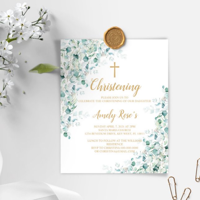 Budget Eucalyptus Greenery Christening Invitation (Creator Uploaded)