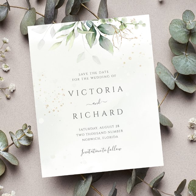 Budget Eucalyptus Greenery Gold Save The Date (Creator Uploaded)