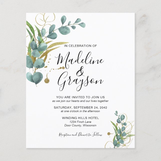 BUDGET Eucalyptus Greenery Gold Wedding Invitation (Front)