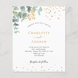 Budget eucalyptus greenery gold wedding invitation
