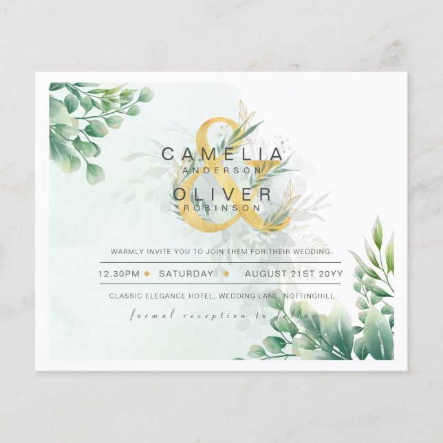 BUDGET Eucalyptus Greenery Gold Wedding QR CODE IN Flyer (Front)