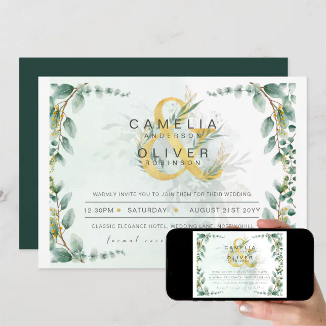 Budget Eucalyptus Greenery Gold Wedding Qr Code In Invitation Zazzle