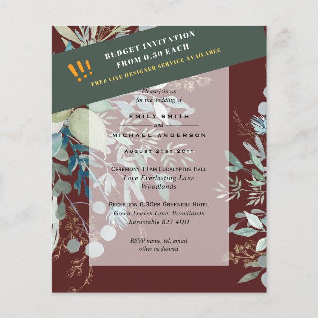 BUDGET EUCALYPTUS Greenery Leaves Wedding INVITES  Flyer (Front)