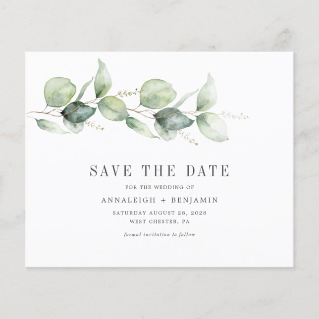 Budget Eucalyptus Greenery Photo Save the Date (Front)