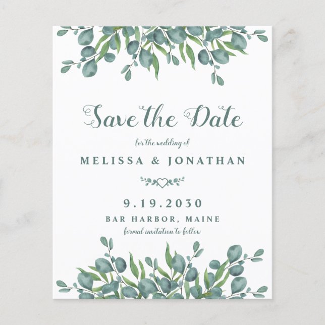 Budget Eucalyptus Greenery Save The Date Postcard (Front)