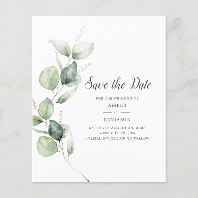 Budget Eucalyptus Greenery Script Save the Date (Front)