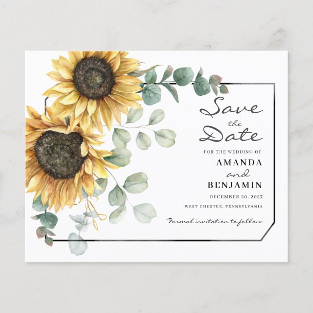 Budget Eucalyptus Greenery Sunflower Save The Date (Front)