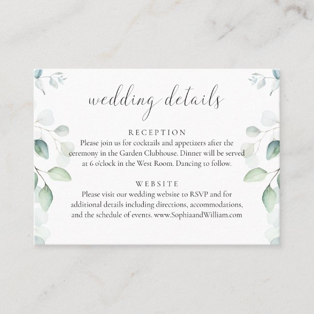 Budget Eucalyptus Greenery Wedding Details Card (Front)