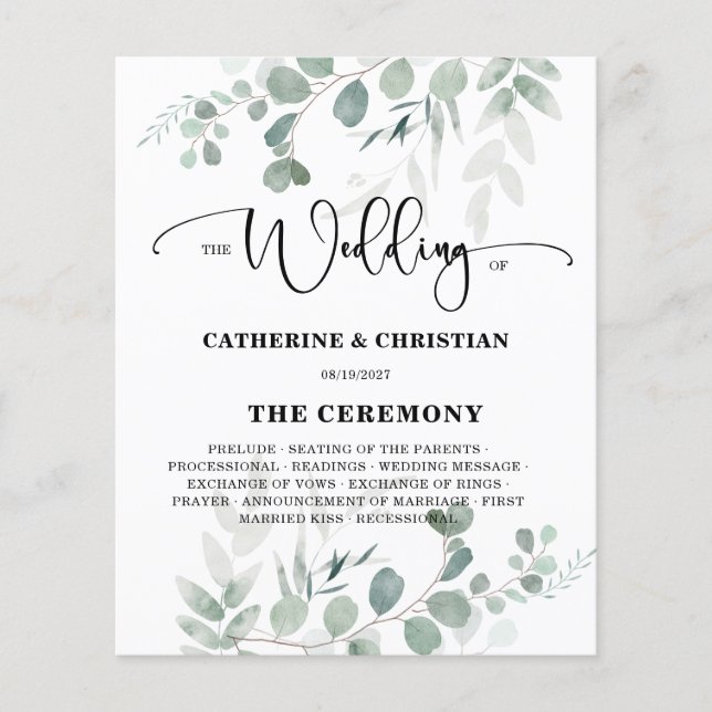 Budget Eucalyptus Greenery Wedding Flat Programs (Front)