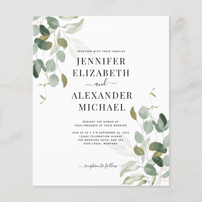 Budget Eucalyptus Greenery Wedding Invitation Flyer (Front)